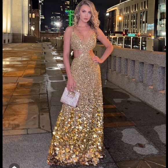 MAC DUGGAL 6077 Gold Thin Strap Cut Out Gown With Ombre Sequins - Picture 2 of 16